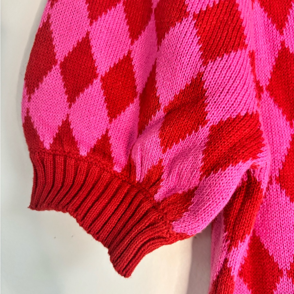 Forever 21 Red and Pink Argyle Puff Sleeve Crewneck Sweater - Picture 4 of 4